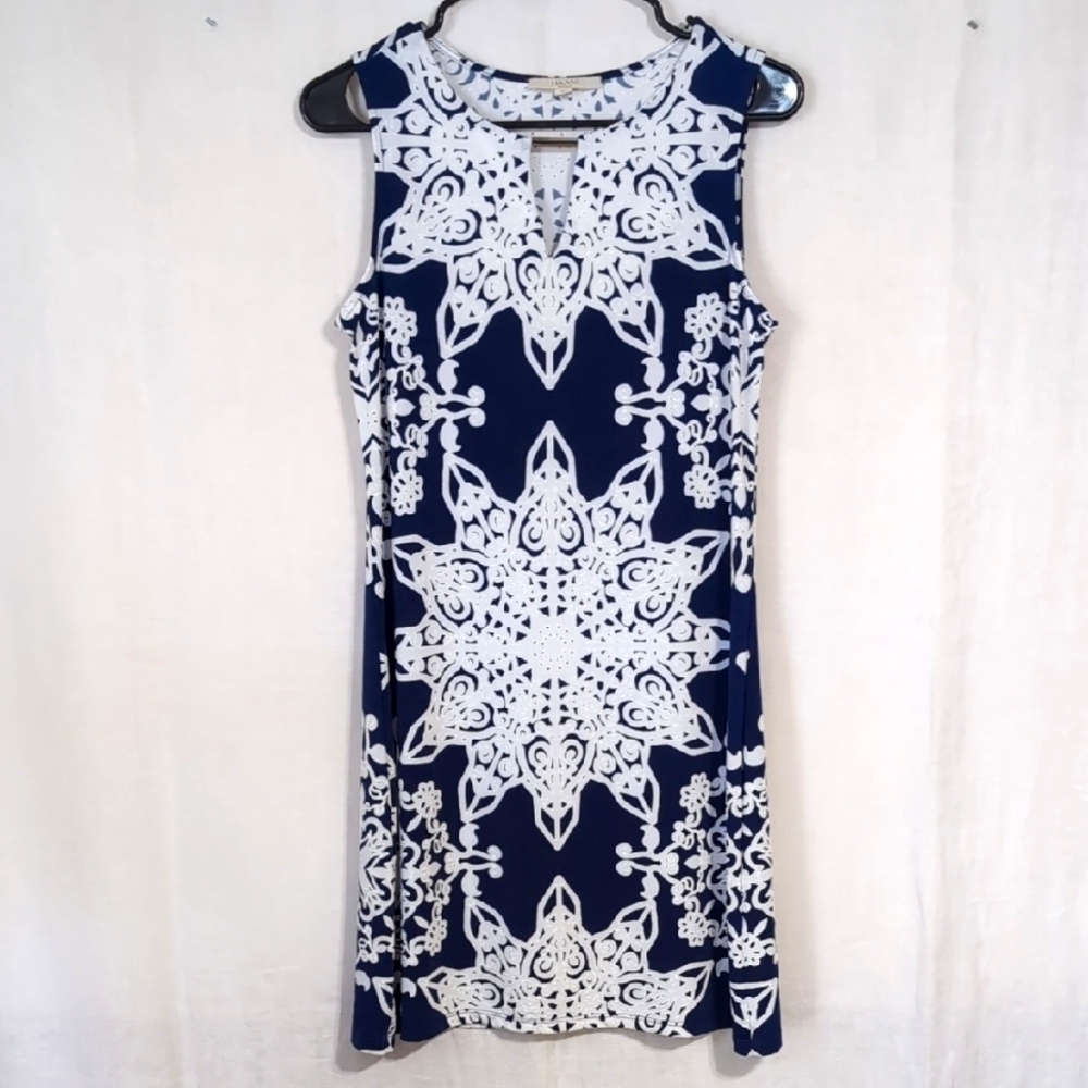 Haani Petite Navy White Mandala Print Shift Dress Size Petite Medium